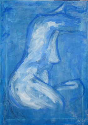 Acrylgemälde einer sitzenden Frau von der Seite in Blautönen 